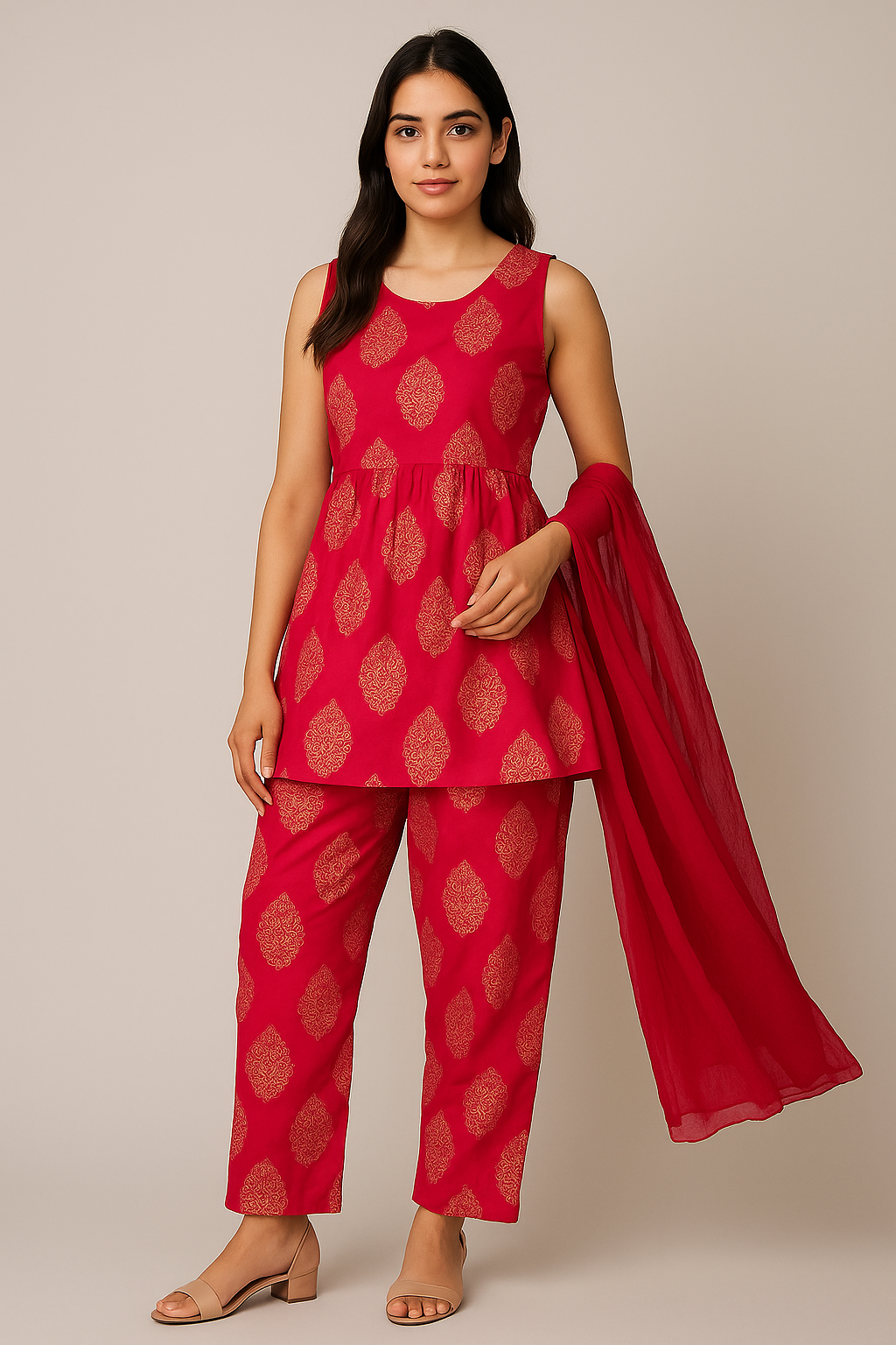 Pink Sleeveless Kurti Pant Dupatta Set | Festive Printed Outfit