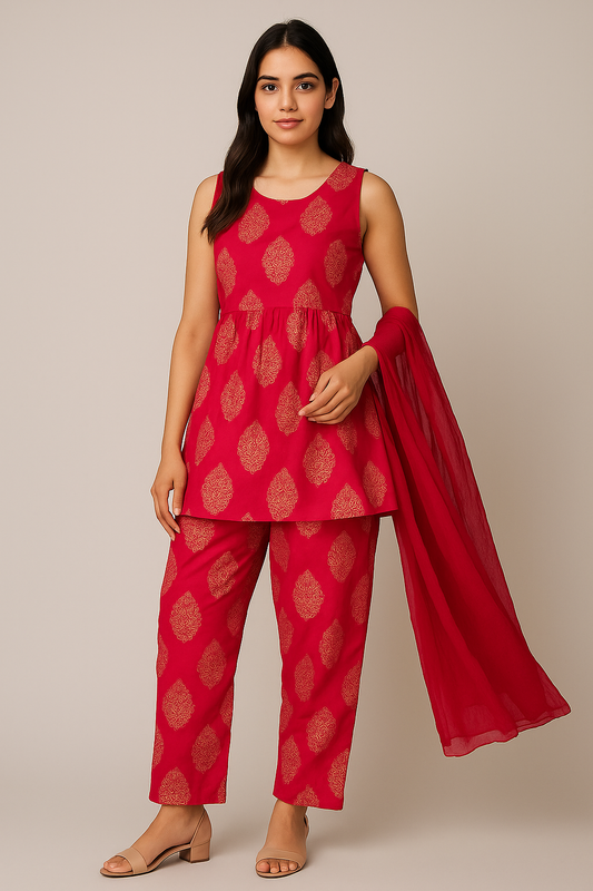 Pink Sleeveless Kurti Pant Dupatta Set | Festive Printed Outfit